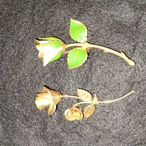 Vintage Set Giovanni Style Long Stem Rose Brooch Single Painted Bud, Double Bud